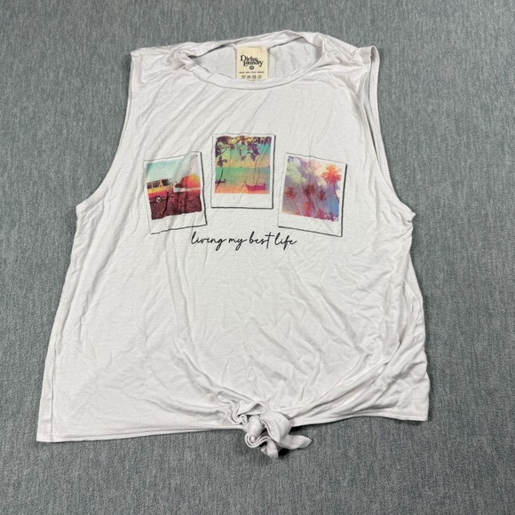 Dirtee Laundry Tops - Dirtee Laundry Tank Top Womens M White Graphic‎ Cropped Knot Living My Best Life